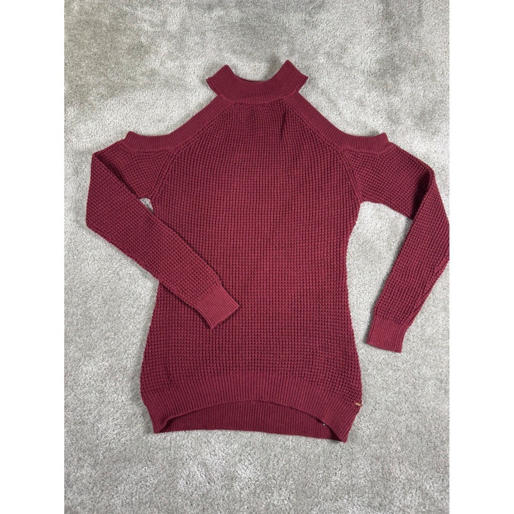 Guess Los Angeles Burgundy Cold Shoulder Waffle Knit Sweater Q1BR14Z28H0 M